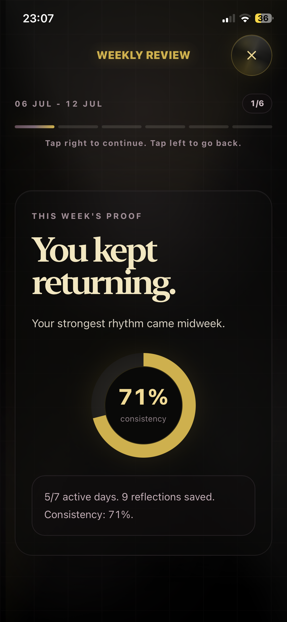 Standard Weekly Review screen showing consistency proof